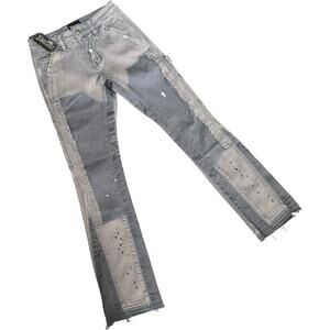 NWT Triple Sevens x Sniper Gang Patchwork Denim Flared Jeans Gray Men's Size 28
